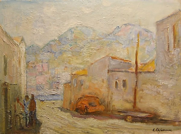 Strada di paese, sd 1947-’54, olio, Afragola (Na), collezione privata